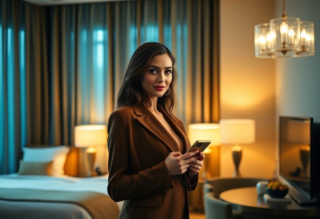 Confident businesswoman in brown blazer using smartphone in luxury hotel room.