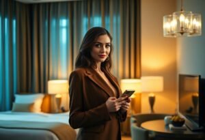 Confident businesswoman in brown blazer using smartphone in luxury hotel room.