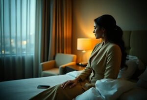 Woman in beige suit sits on hotel bed, gazing out window at city lights.
