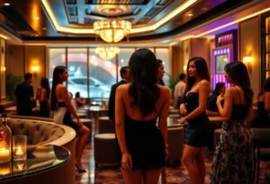 Elegant women in cocktail dresses at a luxurious casino lounge.