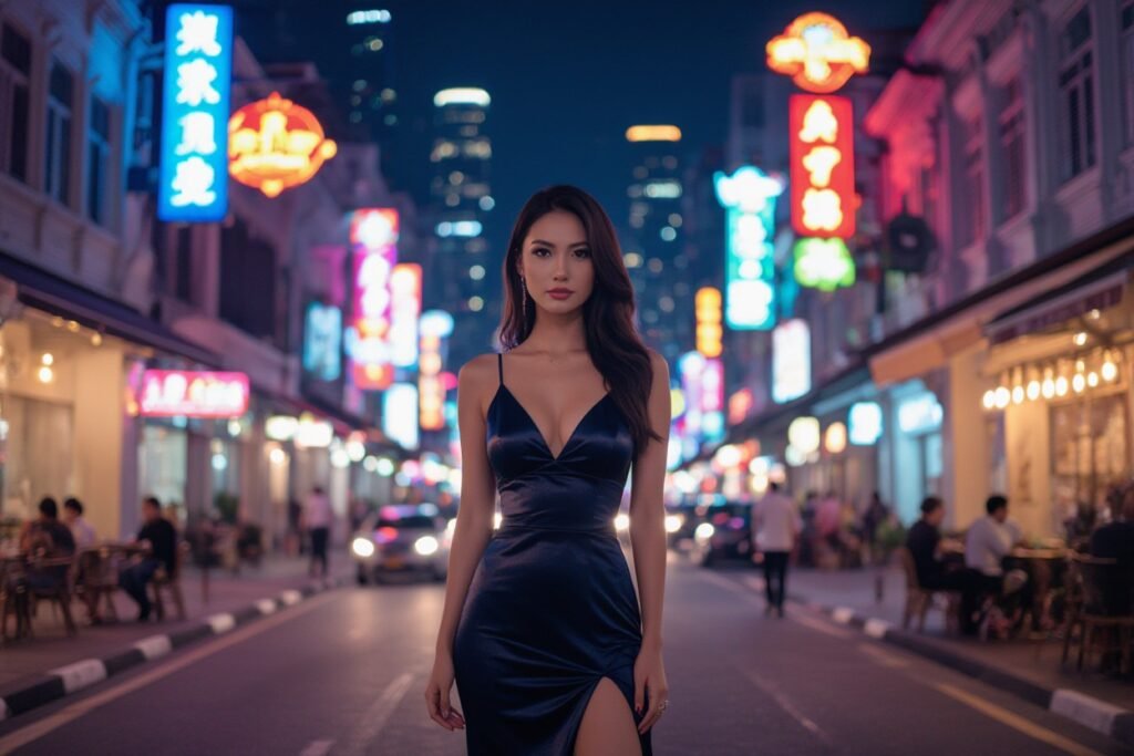 Elegant woman in a navy blue silk dress on a vibrant night street.