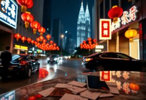 Kuala Lumpur at night, Petronas Towers in background, illuminated for Lunar New Year.